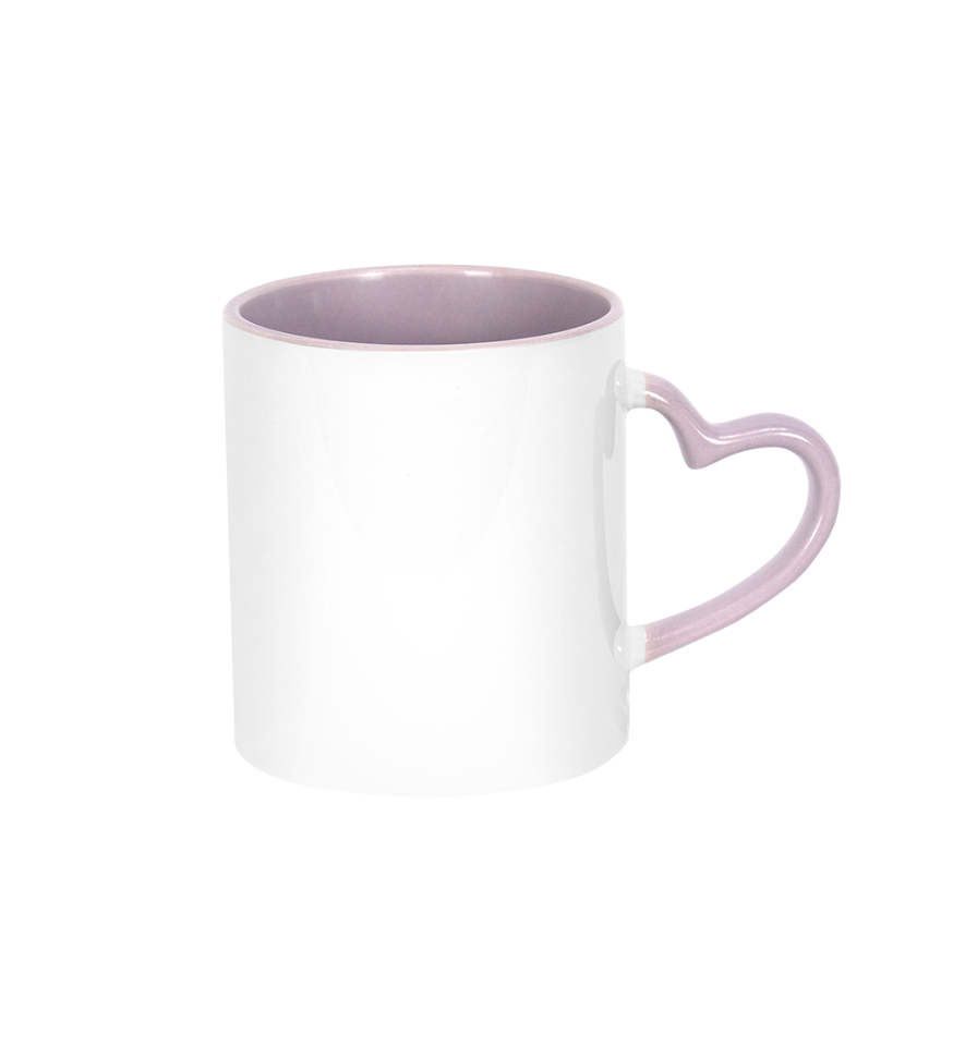 Caneca Branca Alça Coração e Interno Lilás  325ml