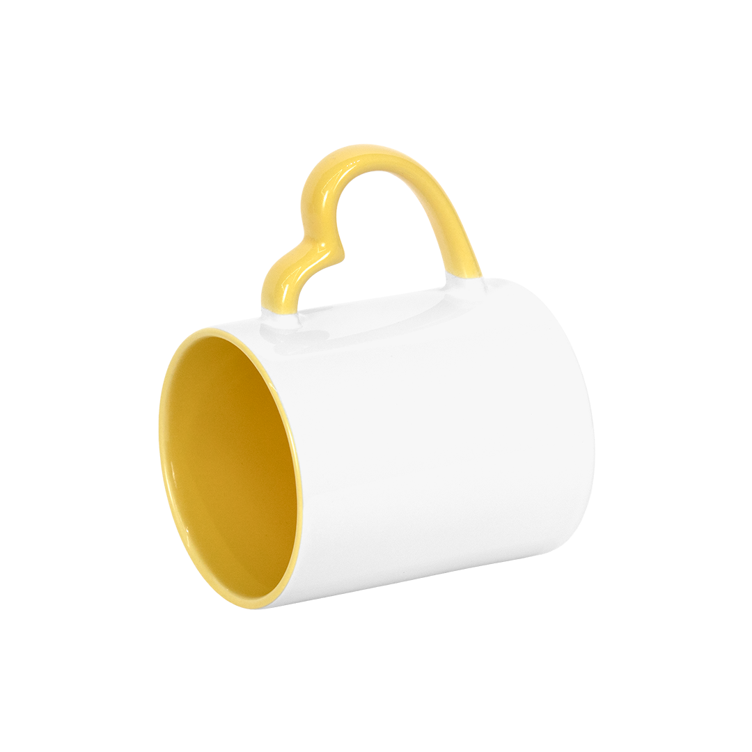 Caneca Branca Alça Coração e Interno Amarelo  325ml
