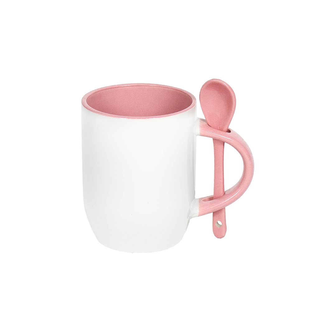 Caneca Branca Alça Colher e Interno Rosa  325ml
