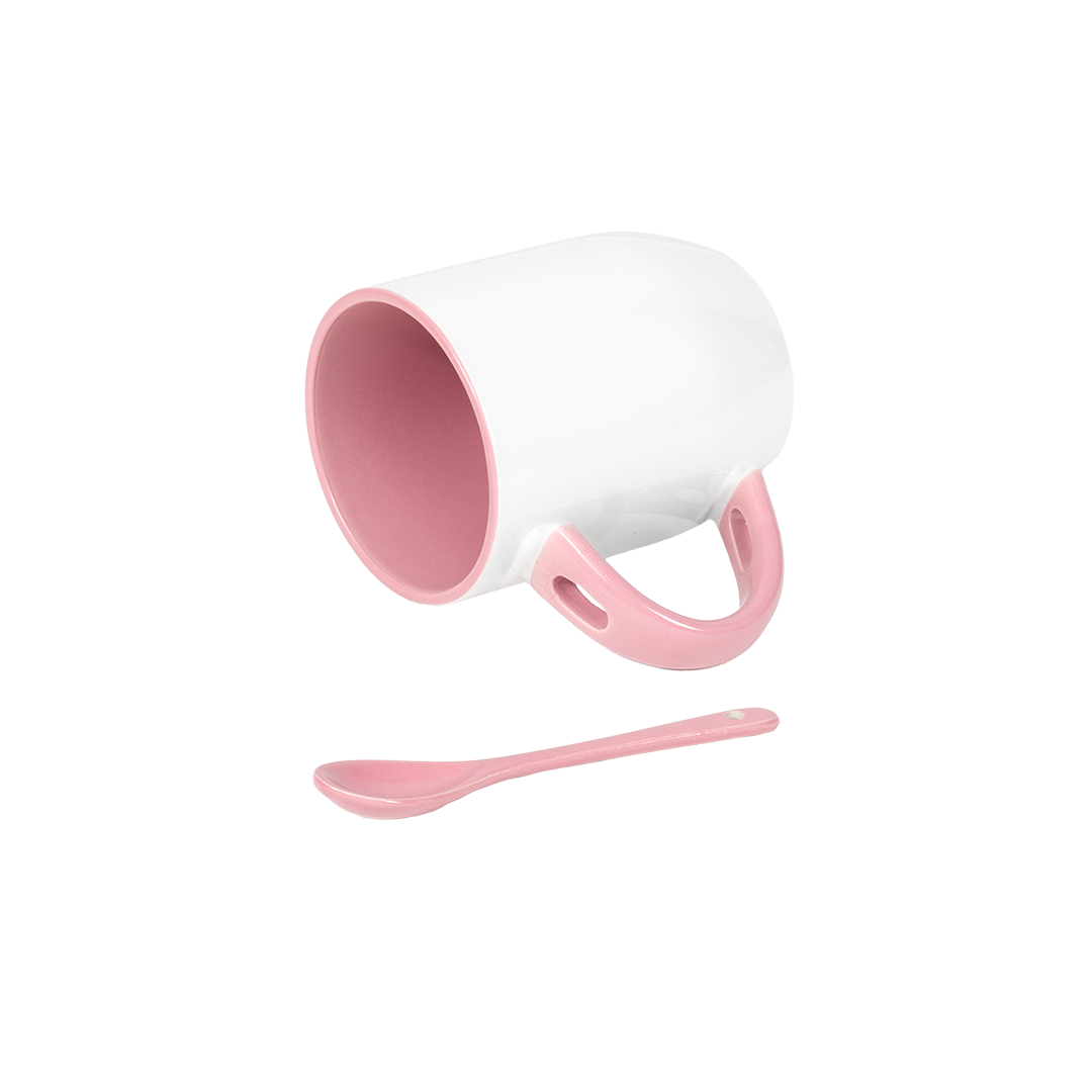 Caneca Branca Alça Colher e Interno Rosa  325ml
