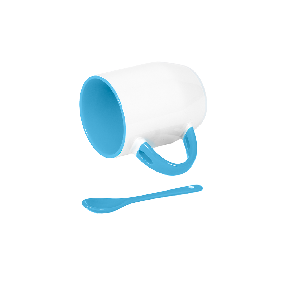 Caneca Branca Alça Colher e Interno Azul Claro  325ml