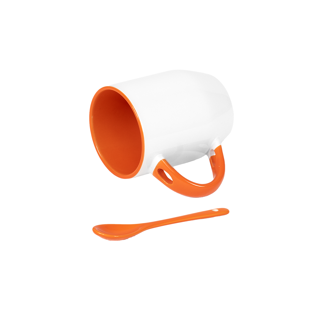 Caneca Branca Alça Colher e Interno Laranja  325ml