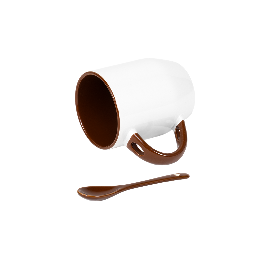 Caneca Branca Alça Colher e Interno Marrom  325ml