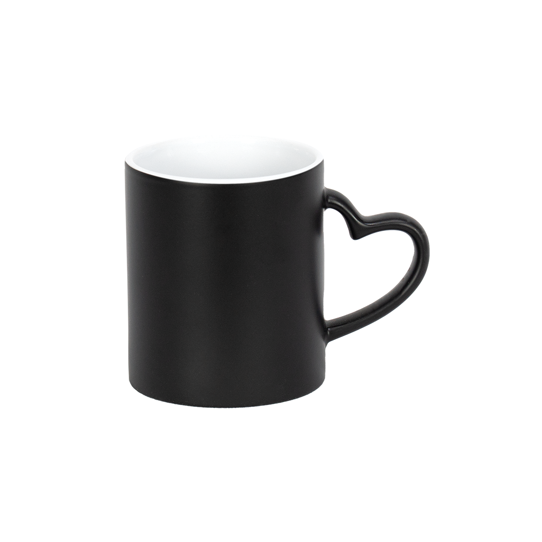 Caneca Mágica Interno Branco Alça Coração Preto Fosco  325ml