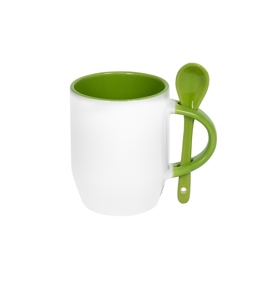 Caneca Branca Alça Colher e Interno Verde Claro  325ml