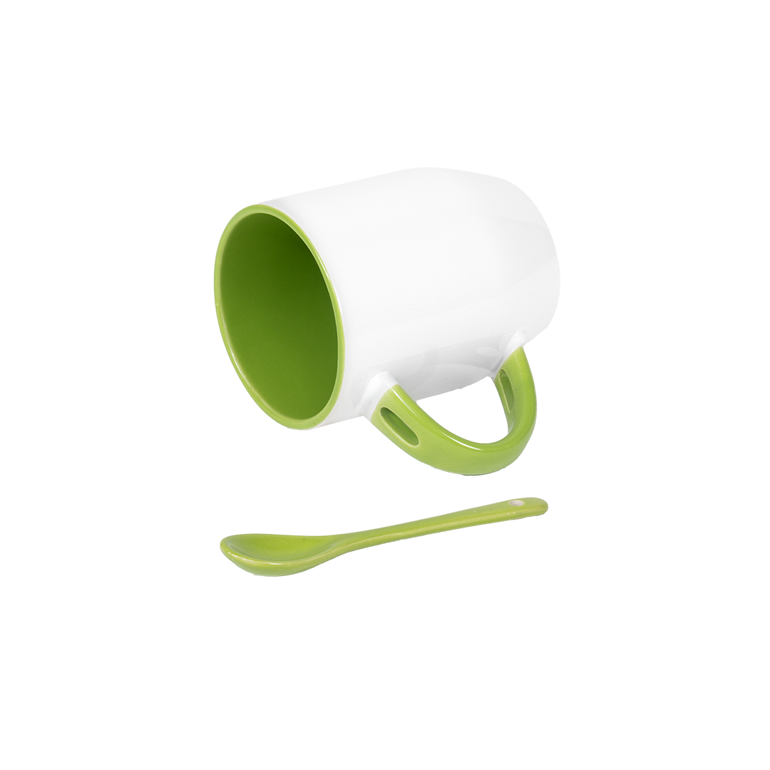 Caneca Branca Alça Colher e Interno Verde Claro  325ml