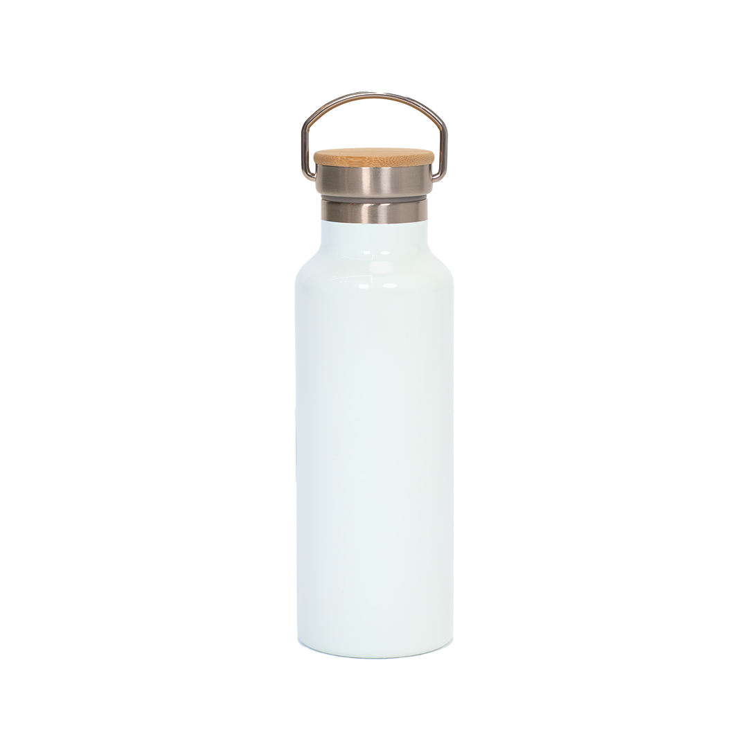 Garrafa Térmica de Aço Inox Branco Tampa Bambu  500ml