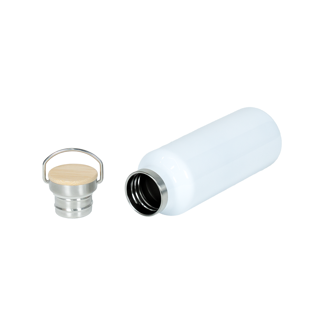 Garrafa Térmica de Aço Inox Branco Tampa Bambu  500ml