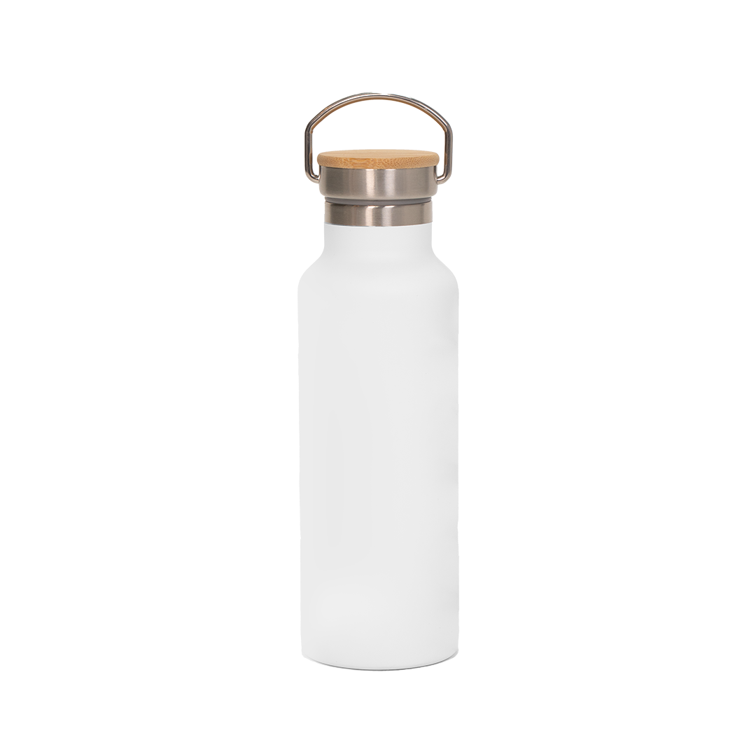 Garrafa Térmica de Aço Inox Branco Fosco Tampa Bambu  500ml