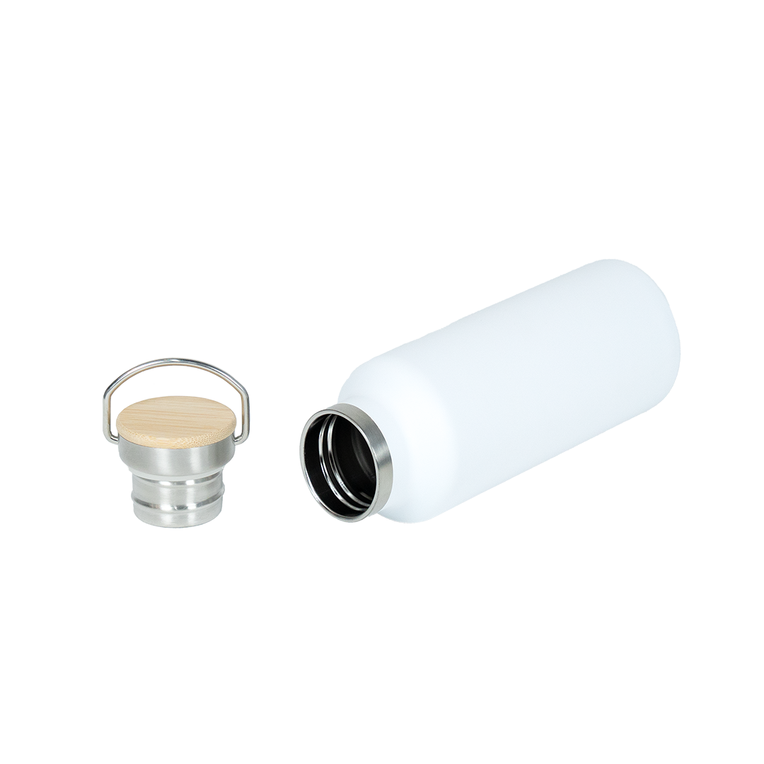 Garrafa Térmica de Aço Inox Branco Fosco Tampa Bambu  500ml