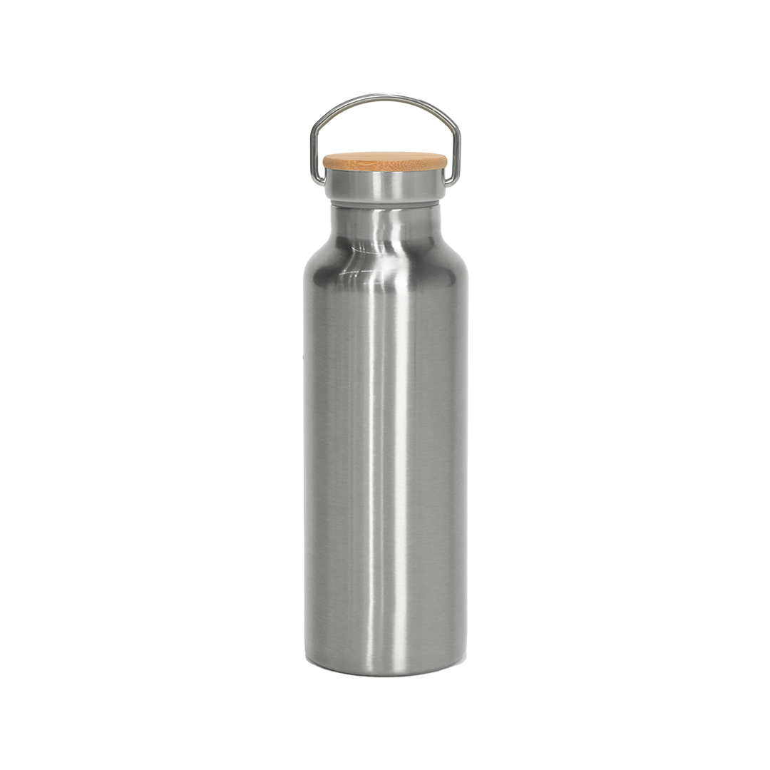 Garrafa Térmica de Aço Inox Prata Tampa Bambu  500ml – caixa com 10 unidades