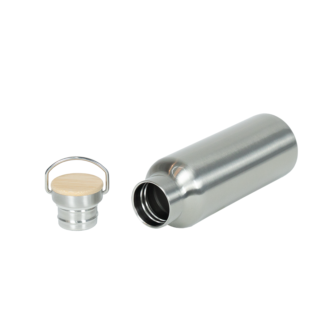 Garrafa Térmica de Aço Inox Prata Tampa Bambu  500ml – caixa com 10 unidades